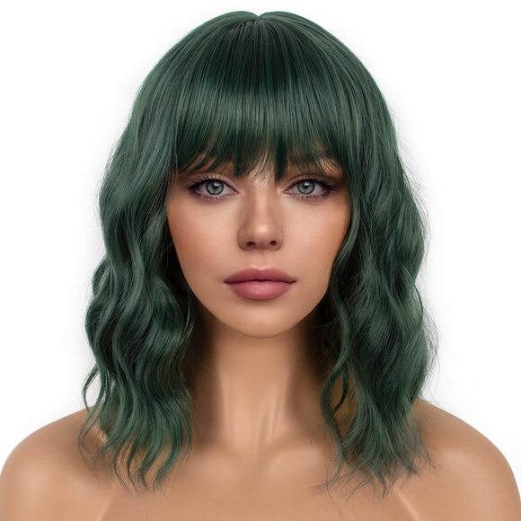 Women Dark Green Loose Wavy Wig Curly Wavy Shoulder Length Bob - Picture 1 of 3